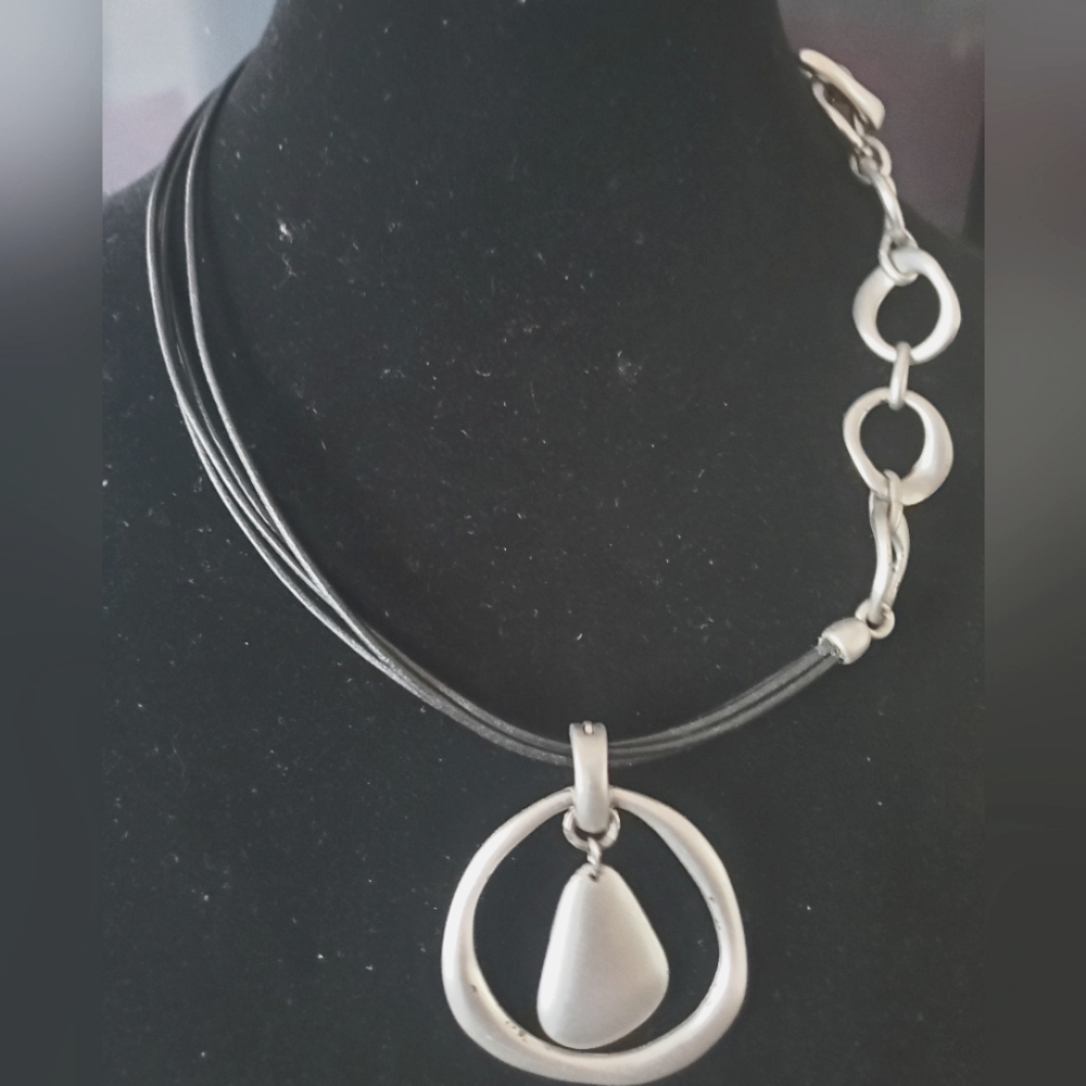 Boho black leather silver necklace pendant